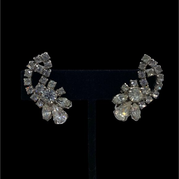 Vintage Rhinestone La Rel Signed Clip On Earrings Crystal Holiday Retro 1-1/2” L - Picture 2 of 9